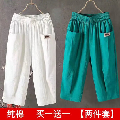 Cotton Linen Cropped 3/4 Length Pants, Loose, Linen with Elastic Waist and Pockets