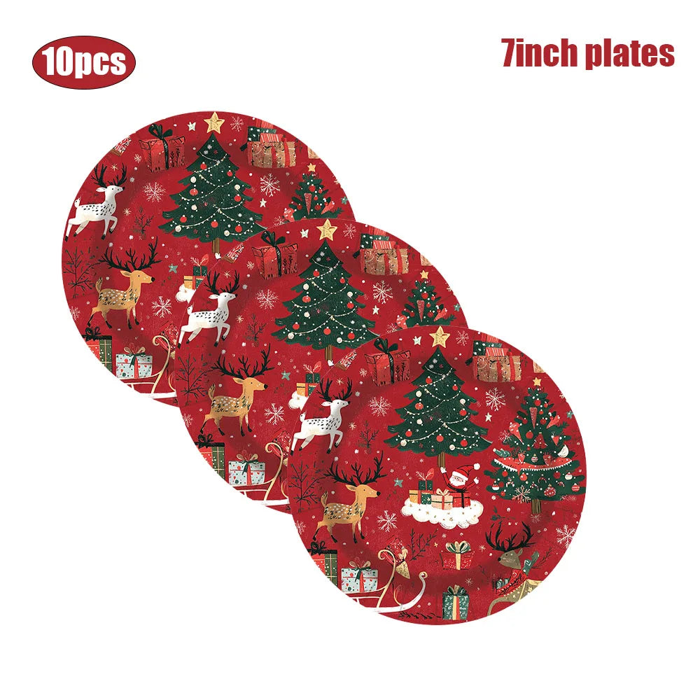 Christmas Reindeer and Trees Disposable Tableware Set, Plates, Cups, Straws, Napkins
