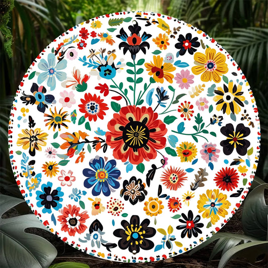 Boho Folk Floral Pattern. Vintage Durable Metal Plaque Wall Decor. Colorful Bohemian Home Wall Art