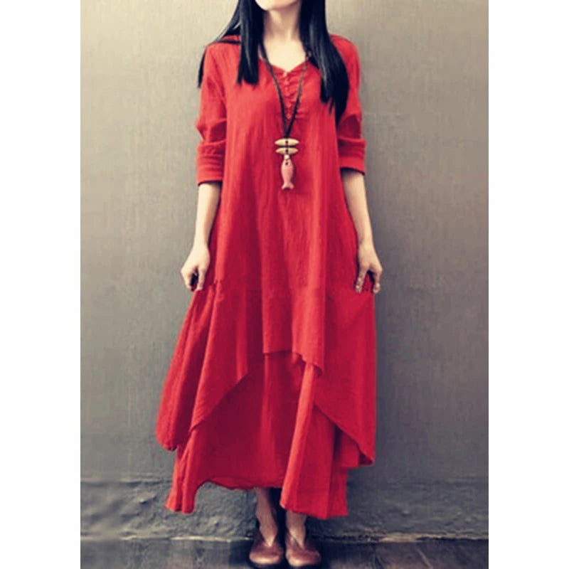 Boho Vintage Cotton and Linen with Pockets, Double Layer Swing Dress