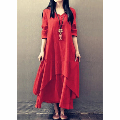 Boho Vintage Cotton and Linen with Pockets, Double Layer Swing Dress