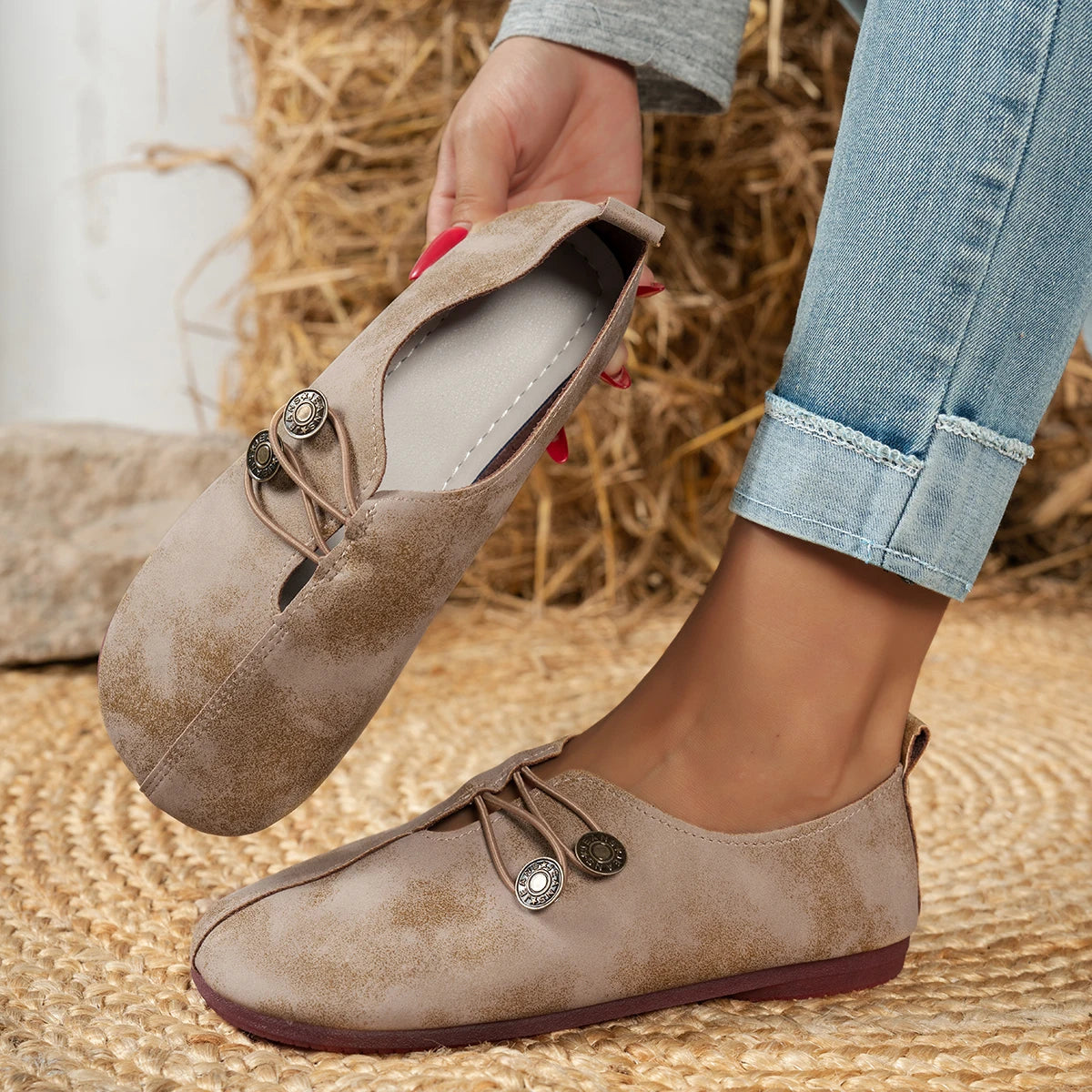 Vintage Button Flat Shoes | Soft Sole Square Toe Slip-on Loafers | Comfy Casual Walking Shoes