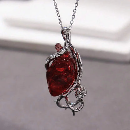 Halloween Gothic Red Crystal Flower Thorns Pendant Necklace Actual Human Heart Choker