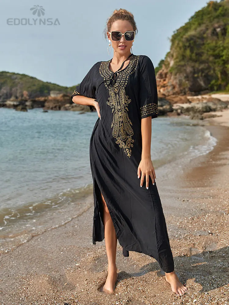 Embroidered 3/4 Sleeve Cotton Kaftan Swimsuit Cover Up Lounging Robe . 14 Designs