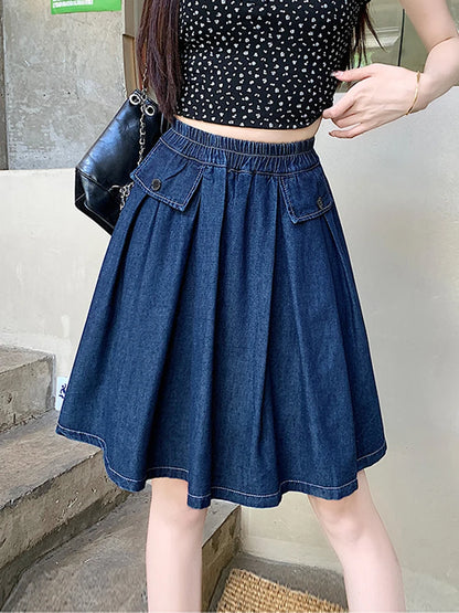 Sizes to 4XL, Casual, Loose A-line, Gathered Denim Skirt With Under-Shorts and Elastic Waist, Comfortable and Fashoinable