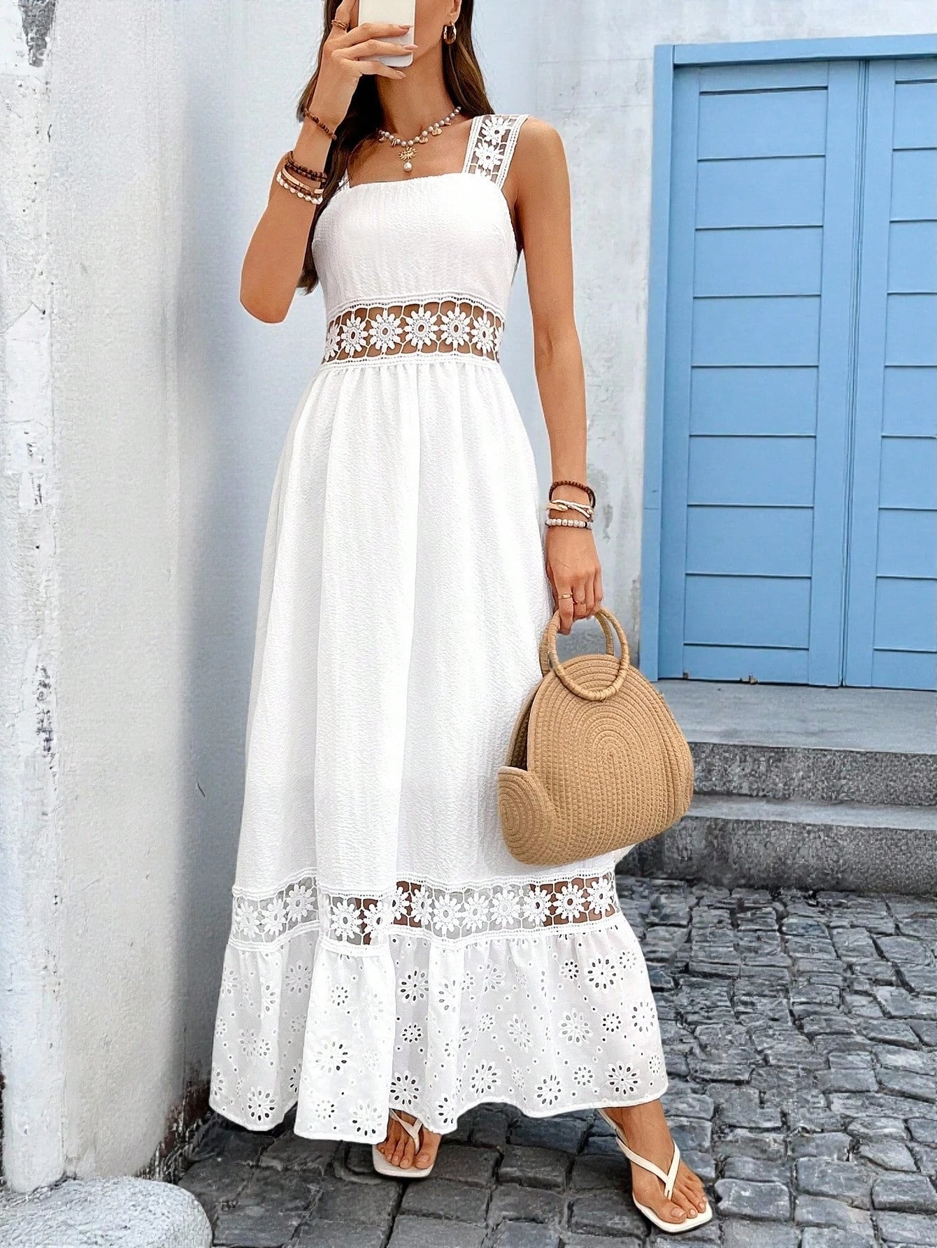 Boho Sizes to 2XL White Hollowed Out Cotton Lace at Empire Waist, Straps, and Top of Ruffle at Bottom