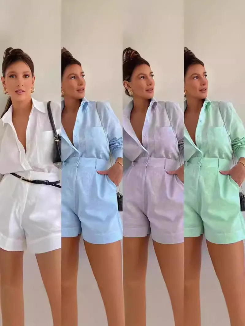 Long Sleeve 2-Piece Shorts and Shirt Outfit.  5 colors