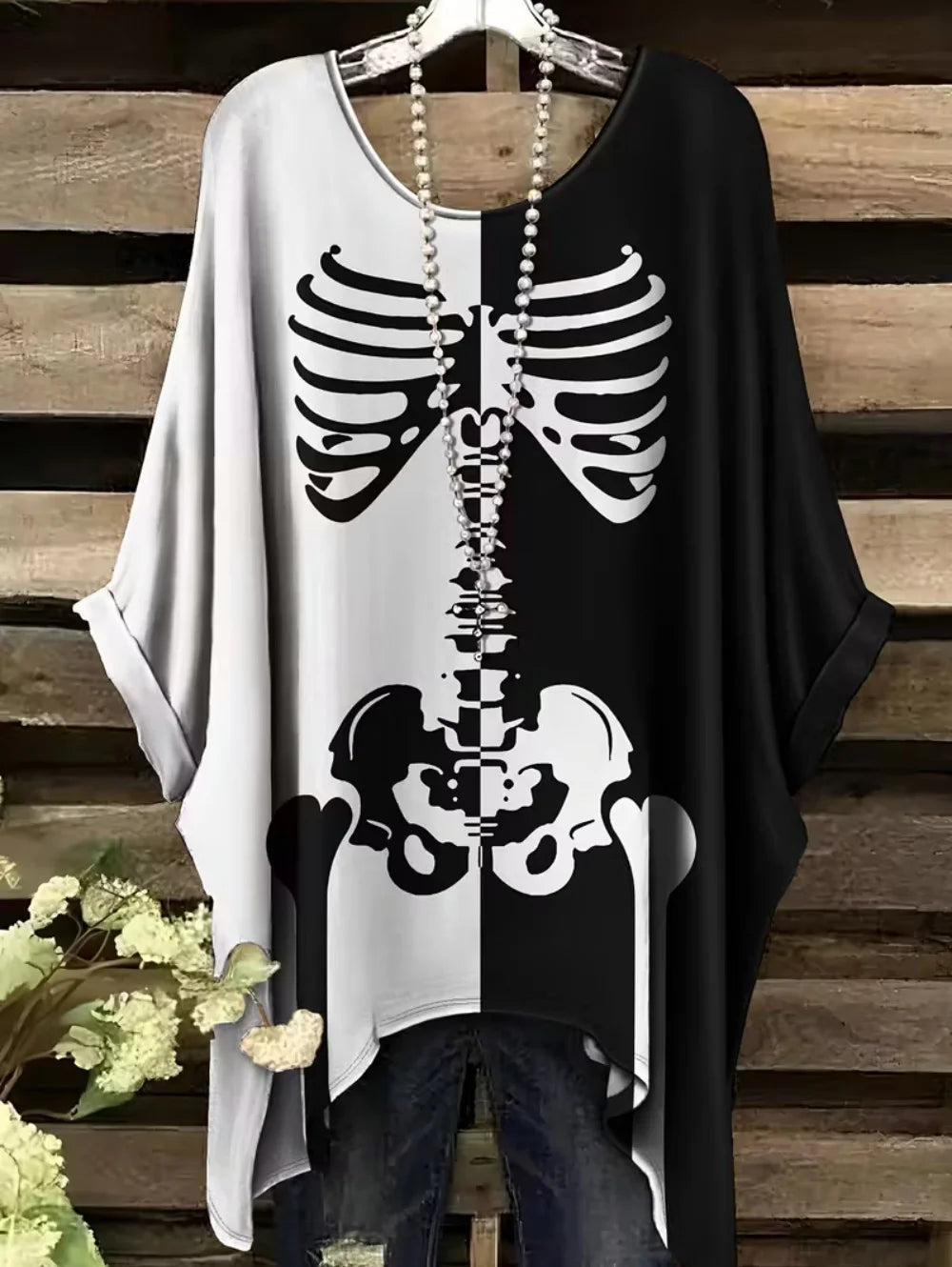 Sizes to 3XL Bohemian Skull Print Loose T-shirt Irregular Hemline O-Neck Short Sleeved Oversize Various designs