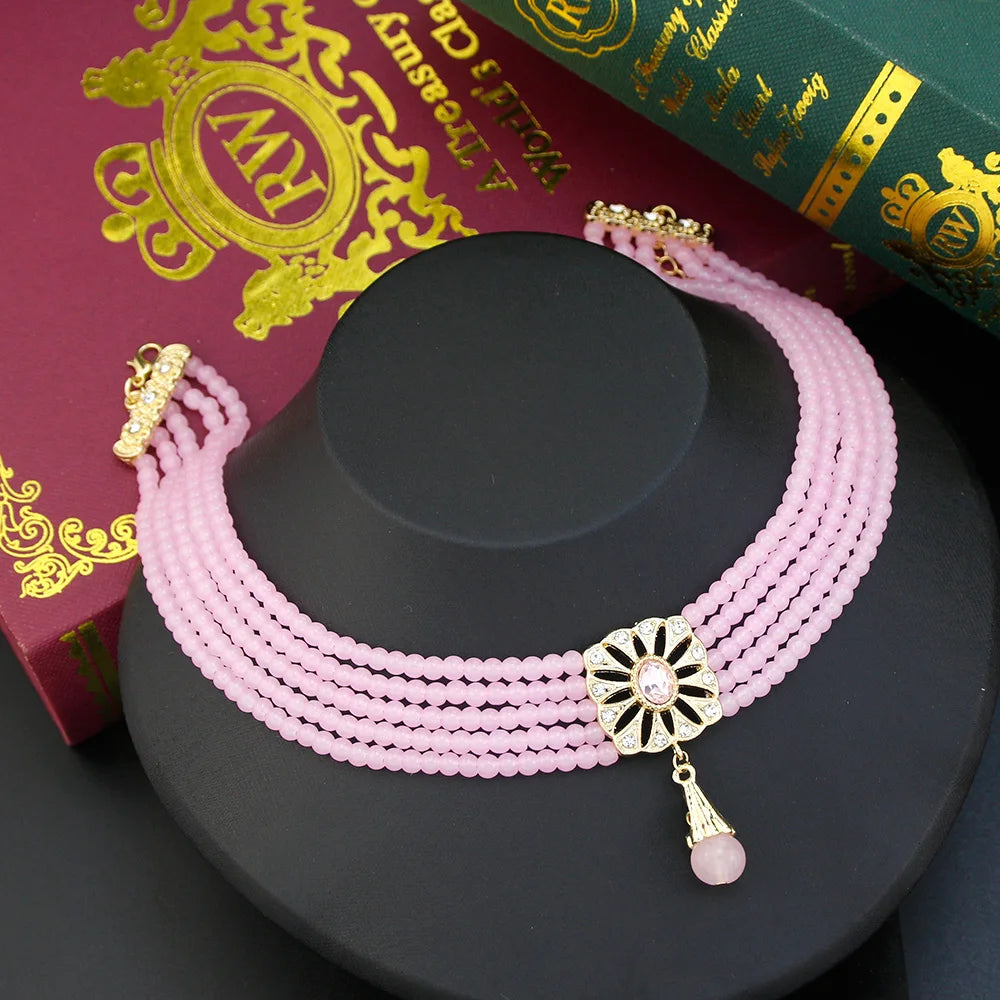 Beaded Choker Necklace Moroccan Square Metal Pendant