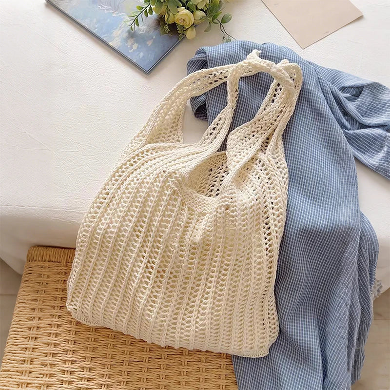 Solid Color Large Boho  Knit Shoulder Bag Crochet Tote