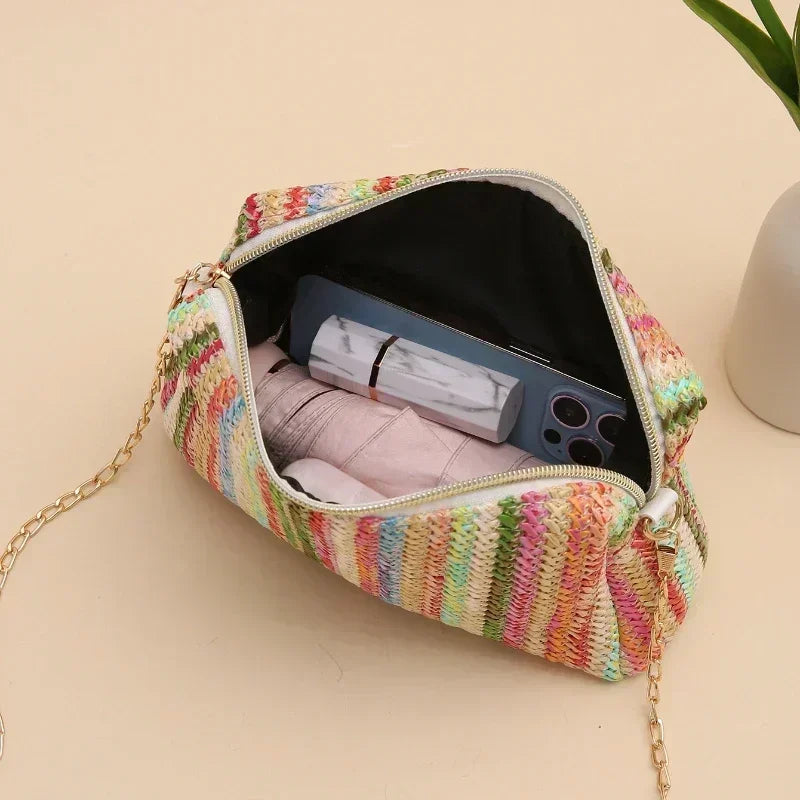 Small Rattan Knit Flap Bag with cross shoulder chain 6 colors