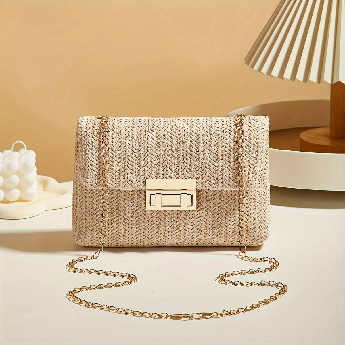 Handwoven Straw Shoulder Bag, Fashion Solid Color Crossbody Purse with Lock Closure