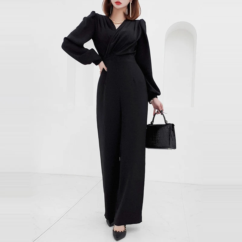 Elegant Business Jumpsuit Women Wide Leg Long pants Long Sleeves Casual High Waist