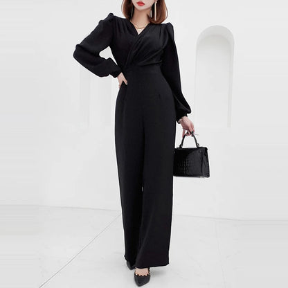 Elegant Business Jumpsuit Women Wide Leg Long pants Long Sleeves Casual High Waist