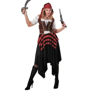 Women and Adult Men Cosplay Halloween Pirate Costumes. Included In Women's: Headwear, Sash, Skirt, and Vest.  Included in Men's: Shirt, Vest, Pants, Headwear, Boot Sleeves