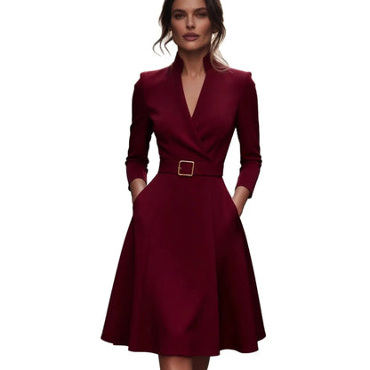 Sizes to 2XL, Knee Length Dress With Belt, Pockets, Waist Cinched, V-neck, Long Sleeves, comes in Red, White, and Black