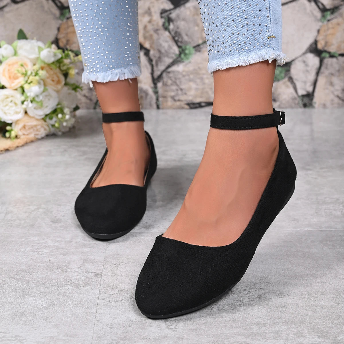 Retro Mary Jane Shoes, Black Low-Top Square-Toe Ankle Strap, Comfortable Soft-Soled Ballet Flats