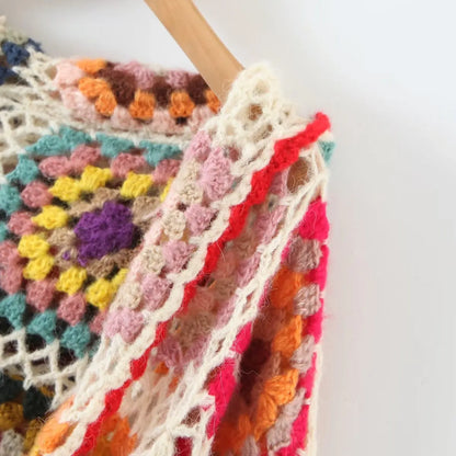 Boho hand-made crocheted cardigan, Square pattern, loose knitted cardigan, Hooded with long sleeves