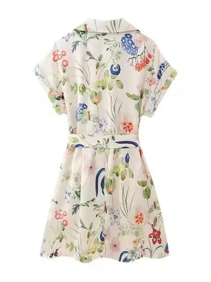 Boho Floral Print Shirt Mini Dress With Belt and Button Down Front, Tie Waist
