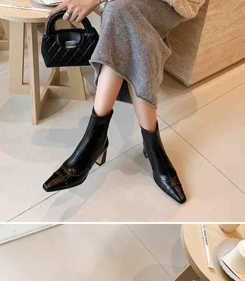 Rivetted Boots with Square Toes and Chunky Heels. Over the Ankle Stretch Tops
