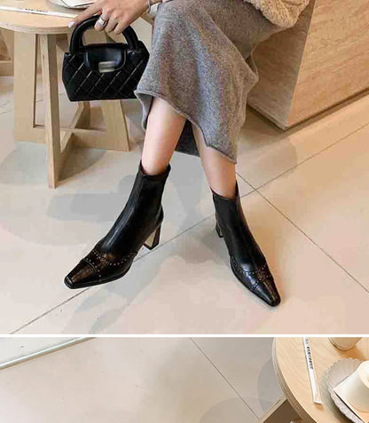 Rivetted Boots with Square Toes and Chunky Heels. Over the Ankle Stretch Tops