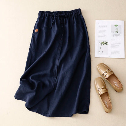 Retro Cotton Linen Elastic and Drawstring Waist Skirt, with Pockets