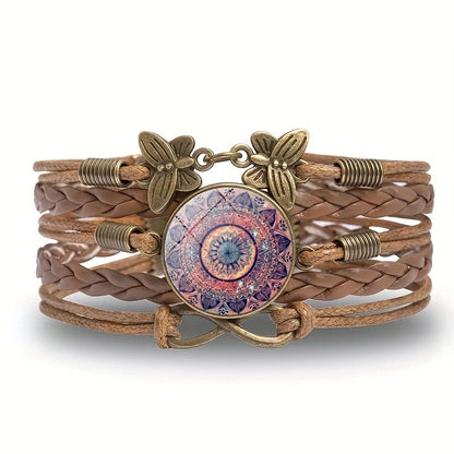 Vintage Mandala Flower Glass Dome Wrap Bracelet Multilayer Woven Leather Bracelets
