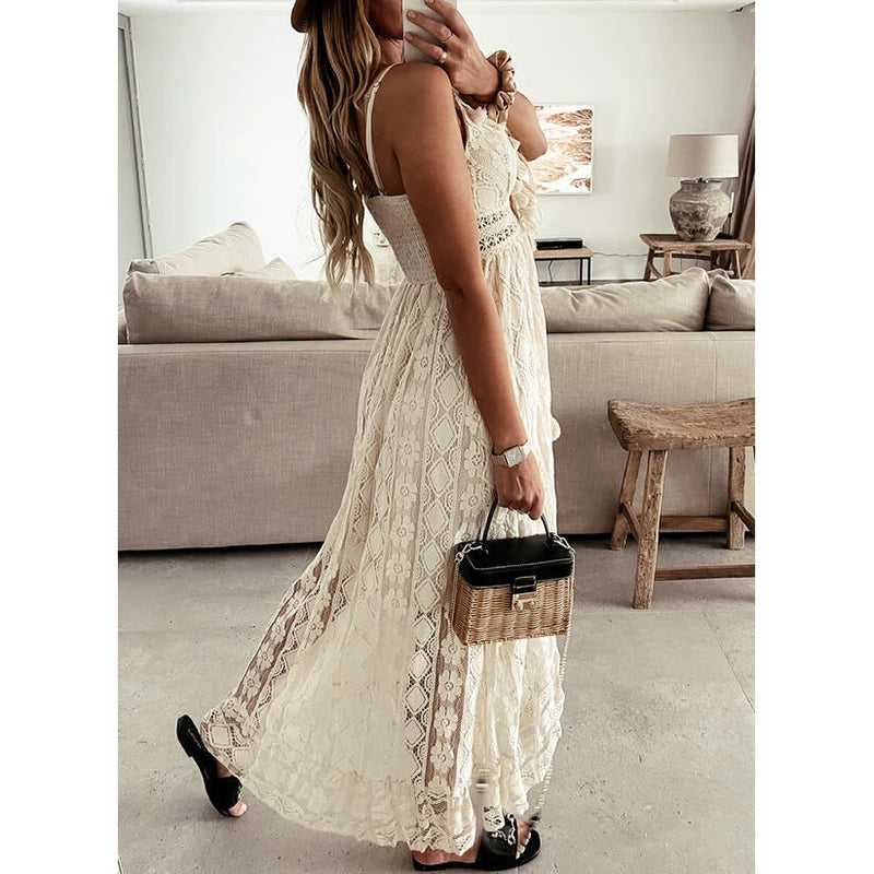 Retro Bohemian Lace, Sleeveless, V Neck, Flowy Ruffle Dress With Spaghetti Straps and Angled Hemline. Comes in Antique White and White