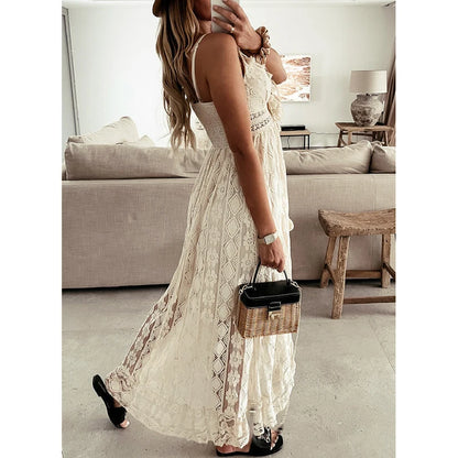 Retro Bohemian Lace, Sleeveless, V Neck, Flowy Ruffle Dress With Spaghetti Straps and Angled Hemline. Comes in Antique White and White