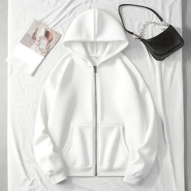Casual Zipper Hooded Sweatshirts in Grey, Black and White