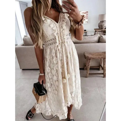 Bohemian Summer Casual V Neck Lace Spaghetti Strap Sundress with High/Low Hem