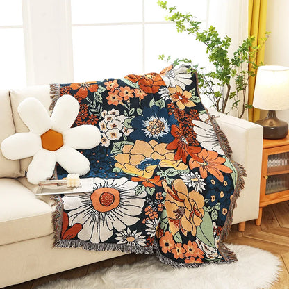 Boho Vintage Floral Jacquard Throw Blanket with Tassels Dark Blue Woven Tapestry