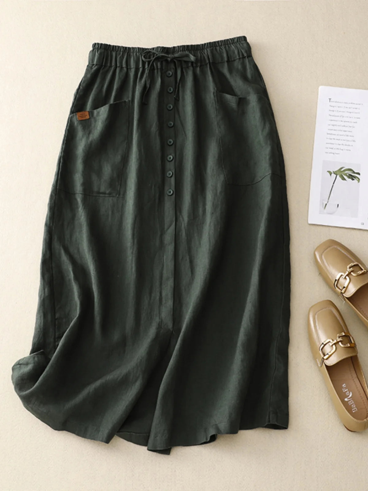 Retro Cotton Linen Elastic and Drawstring Waist Skirt, with Pockets
