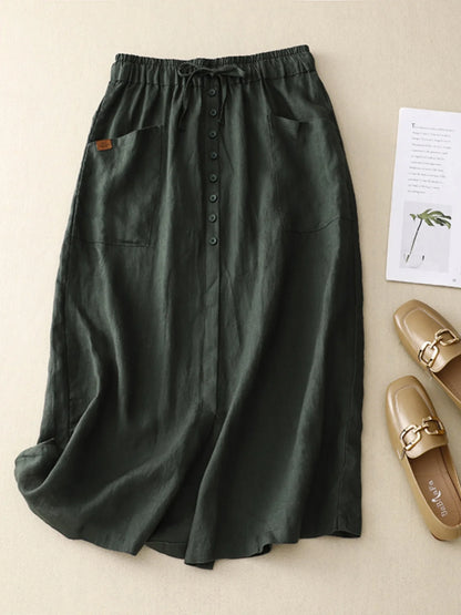 Retro Cotton Linen Elastic and Drawstring Waist Skirt, with Pockets