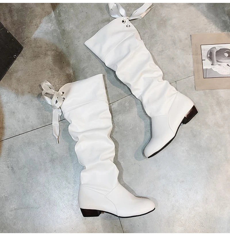 Knee High Boots, in Red, Black, and White, Tall Boots with Low Heel