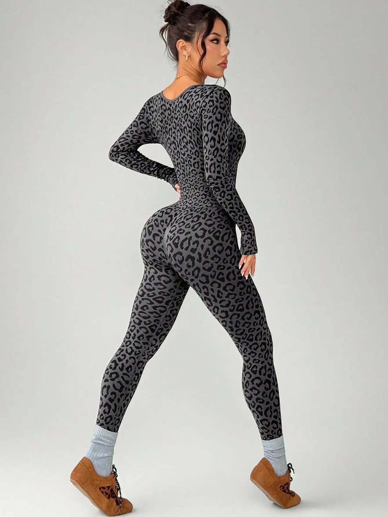 Slimming Elastic Hip Hugging Long Sleeve U Collar Stretchy