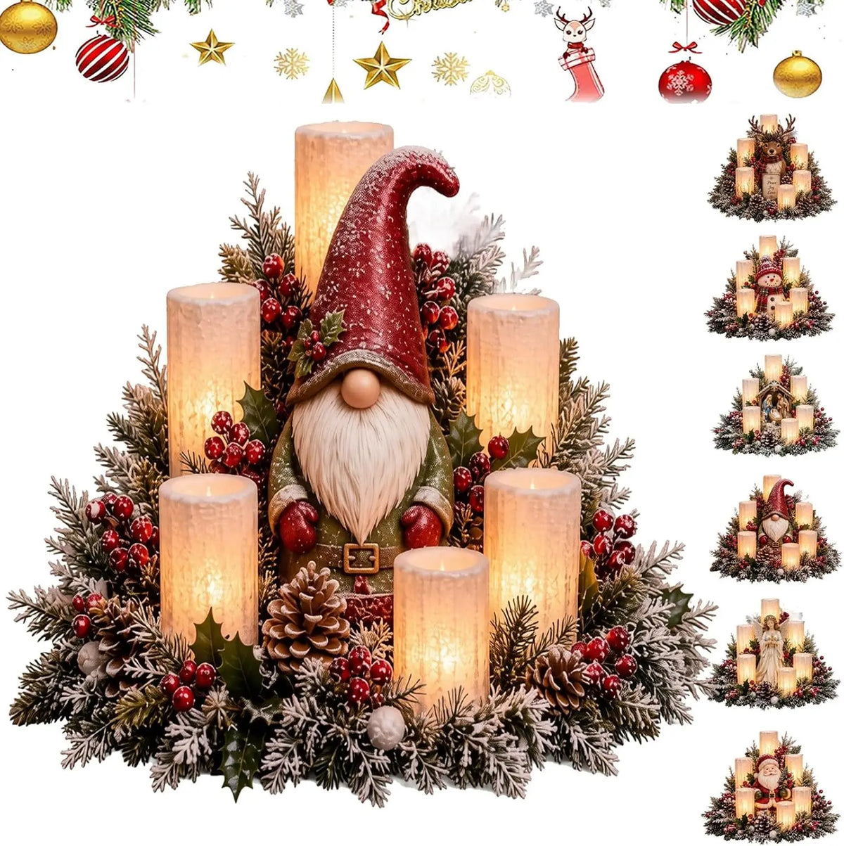 Christmas Lighted Table Centerpiece, Flameless Candle Glow, 8 Designs