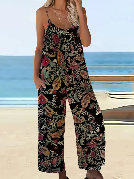 Sizes to 5XL Chic Bohemian Printed Pocketed Jumpsuit with Spaghetti Straps