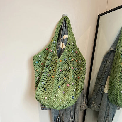 Boho Crochet Bag with Colored Beads Aesthetic Large Capacity Knitted Tote/Handbag Available in 4 Colors