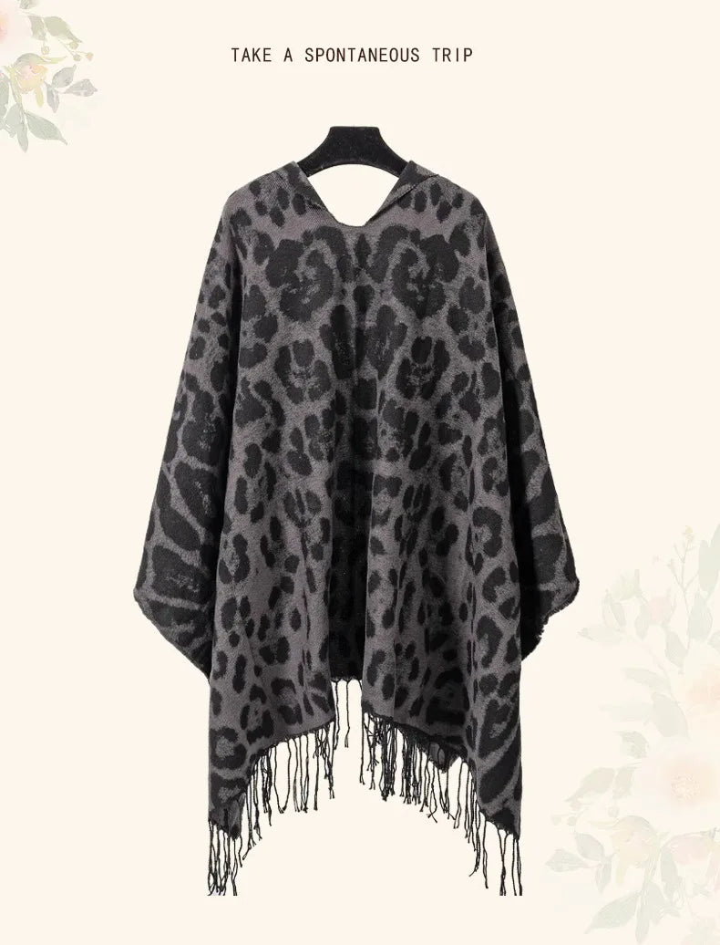 Vintage Boho Leopard Print Soft Over-the-Head Cloaks With Tassels