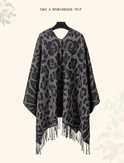 Vintage Boho Leopard Print Soft Over-the-Head Cloaks With Tassels