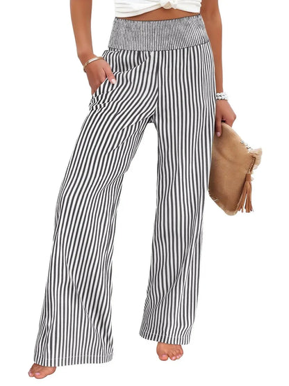 Sizes to 2XL Loose Striped Casual Straight Leg High Waisted Pants Available in 8 Colors