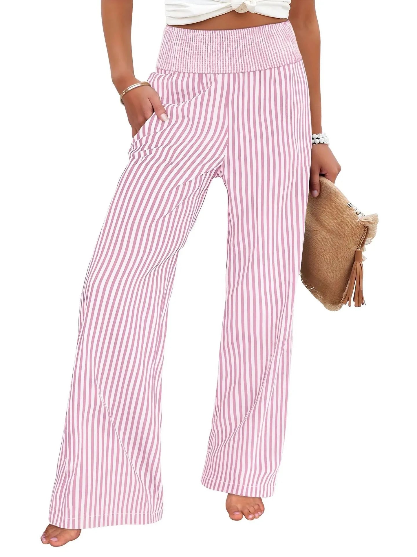 Sizes to 2XL Loose Striped Casual Straight Leg High Waisted Pants Available in 8 Colors