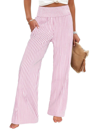 Sizes to 2XL Loose Striped Casual Straight Leg High Waisted Pants Available in 8 Colors