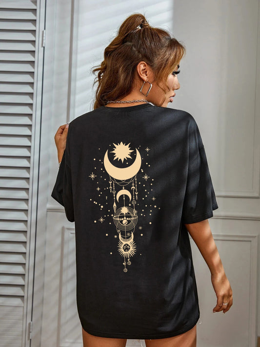 Sun Moon Stars Rain T-shirt Simple Round Neck Short Sleeve Loose T-shirt