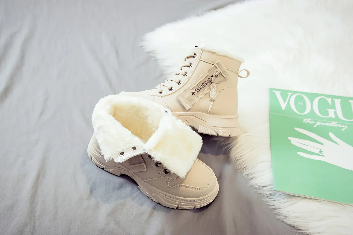 Short Snow Boots, Anti‑Slip, Warm Fur Lined, Lace-Up Casual Ankle Boots, Come in Black, White, Tan