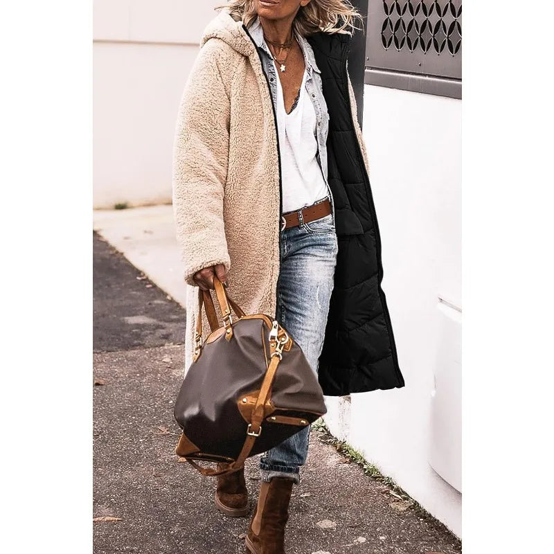 Reversible Sherpa Fleece, Long, Hooded Puffer Coats. Check colors: Brown, Green, Black, Burgundy, Light Gray