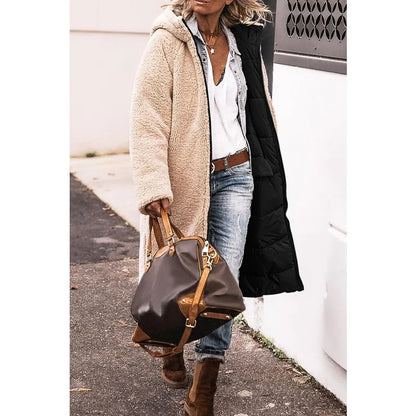 Reversible Sherpa Fleece, Long, Hooded Puffer Coats. Check colors: Brown, Green, Black, Burgundy, Light Gray