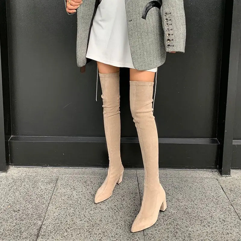 Sexy High Boots Over The Knee, Warm Boots, Suede Back Zipper, Square Heel