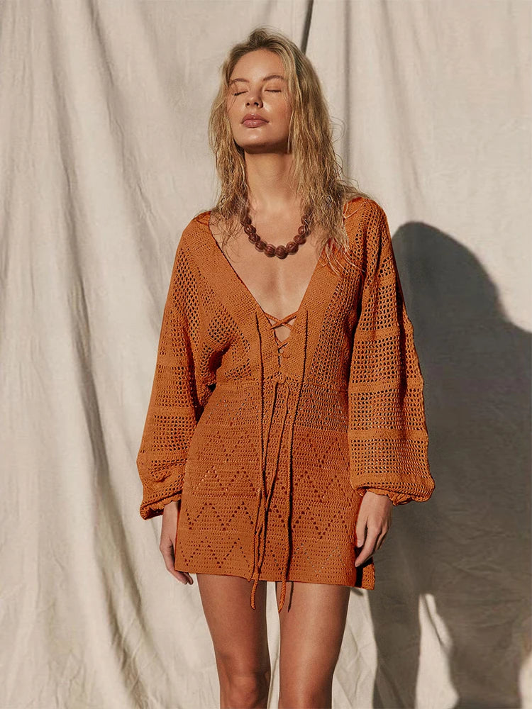 Plunging V-neck Lace-up Bell Sleeve Knit Mesh Hollow Out Beach Mini Dress Tunic